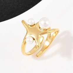 Золотой 304 из нержавеющей стали Манжета кольца для женщин, с пластиковым буртиком, морская звезда, золотые, 16.5 мм, внутренний диаметр: 17.8 мм