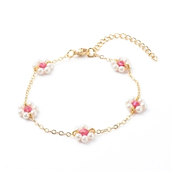 Medium Violet Red Shell Pearl & Acrylic Beads Flower Link Bracelets, with Brass Cable Chains, Golden, Medium Violet Red, 2mm, 7-1/4 inch(18.4cm)