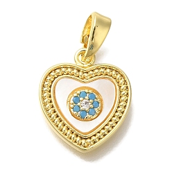 Настоящее золото 18K Подвески из латуни с микропаве из кубических цирконий и ракушек, плоские прелести сердца, без кадмия, без никеля и без свинца, реальный 18 k позолоченный, 13x12x2.5 мм, отверстие : 4.5 мм