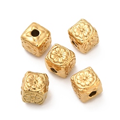 Настоящее золото 18K 304 из нержавеющей стали бусы, Кубик с цветком, ионное покрытие (ip), реальный 18 k позолоченный, 5.8x5.8x6 мм, отверстие : 1.6 мм