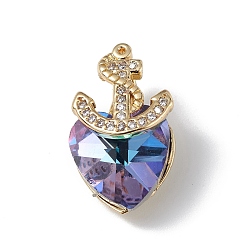 Medium Purple Real 18K Gold Plated Rack Plating Brass Micro Pave Clear Cubic Zirconia Pendants, with Glass, Long-Lasting Plated, Cadmium Free & Lead Free, Boat Anchor & Heart Charm, Medium Purple, 20x12x9mm, Hole: 6x2.5mm