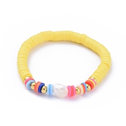 Jaune Bracelets élastiques faits à la main de perles heishi en pâte polymère, avec perle baroque naturelle perles de keshi, jaune, 2-1/8 pouce (5.5 cm)