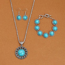 Темно-бирюзовый Ожерелья, серьги-подвески и браслеты из цветочного сплава с синтетической бирюзой, античное серебро, темные бирюзовый, 19.29 дюйм (490 мм)