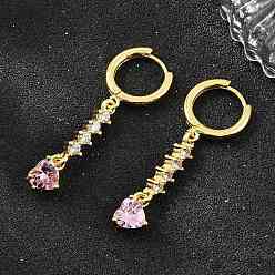 Plaqué 18K Or Véritable Boucles d'oreilles créoles pendantes en laiton serties de micro-pavés de zirconiums cubiques, cœur, sans plomb et sans cadmium, crémaillère plaquage, plaqué longue durée, réel 18 k plaqué or, 40x7mm