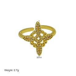 Cross Brass Micro Pave Clear Cubic Zirconia Cuff Open Rings, Golden, Cross, 15~20mm