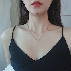 Нержавеющая Сталь Цвет Плоские круглые 304 подвески из нержавеющей стали с микропаве из прозрачного кубического циркония, двухслойные ожерелья для женщин, цвет нержавеющей стали, 15.75 дюйм (40 см)