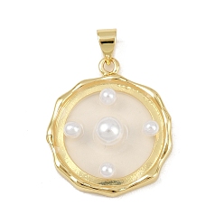 Плоский Круглый Эпоксидная смола подвески, с латунной фурнитурой и бусинами из искусственного жемчуга, реальный 18 k позолоченный, плоско-круглые, 24.5x21.5x6.5 мм, отверстие : 5x3.5 мм