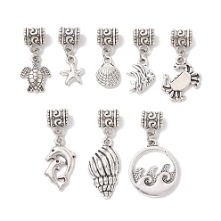 Antique Silver Marine Theme Tibetan Style Alloy Pendants, Turle/Fishstar/Shell/Fish/Crab/Dolphin/Flat Round, Antique Silver, 24~37x10~20x2~4mm, Hole: 5mm, 8pcs/set