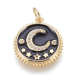Черный Латунные микро проложить кубического циркония подвески, с эмалью, плоские круглые с Луны и звезды, золотые, чёрные, 18x16.5x2 мм, отверстие : 3.5 мм