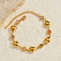 Сердце 304 браслеты из нержавеющей стали ссылка для женщин, со стразами, реальный 18 k позолоченный, сердце, 6-1/2 дюйм (16.5 см)