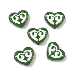 Темно-Зеленый Окрашенные и запеченные стеклянные бусины, хаерт с рунами, с эмалью, темно-зеленый, 12x15x4.5 мм, отверстие : 1.2 мм