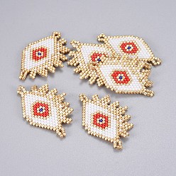 Red Handmade Japanese Seed Beads Links, with Japan Import Thread, Loom Pattern, Eye, Red, 26x41x2mm, Hole: 2mm