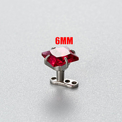 Красный Квадратный дермальный якорь из нержавеющей стали с кубическим цирконием, основание/верхняя часть для женщин и мужчин, цвет нержавеющей стали, красные, 6 мм