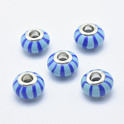 Deep Sky Blue Handmade Polymer Clay European Beads, with Silver Color Plated Brass Cores, Large Hole Beads, Rondelle with Stripe Pattern, Deep Sky Blue, 13~16x8~11mm, Hole: 4.5~5mm