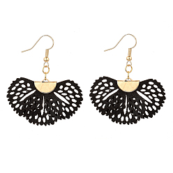 Black Dangle Earrings, with Iron Silk Pendant and Brass Earring Hooks, Flower, Golden, Black, 51mm, Pin: 0.7mm