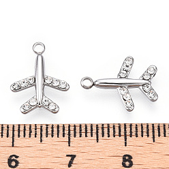 Stainless Steel Color 304 Stainless Steel Charms, Manual Polishing, with Rhinestone, Airplane Charm, Stainless Steel Color, 14x11x2mm, Hole: 1.4mm