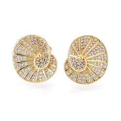 Прозрачный Серьги-гвоздики из латуни со спиральной ракушкой и микропаве из кубических цирконий, реальный 16 k позолоченный, прозрачные, 17x18.5 мм
