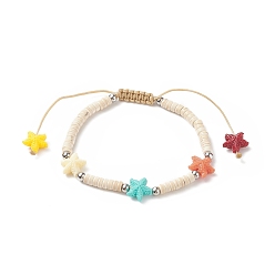 Желтая Старая Ткань  Браслеты из крашеной синтетической бирюзы (окрашенные) хейши из бисера с окрашенными синтетическими коралловыми морскими звездами, плетеный браслет с регулируемым нейлоновым шнуром, старое кружево, внутренний диаметр: 2~3-3/8 дюйм (5.2~8.7 см)