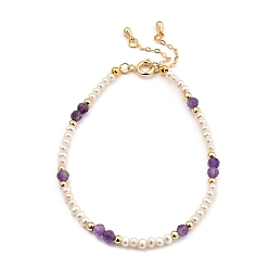 Amethyst Beaded Bracelets, with Natural Pearl Beads, Natural Amethyst Beads, Brass Beads & Spring Ring Clasps, Golden, 19.7cm(7-3/4 inch)