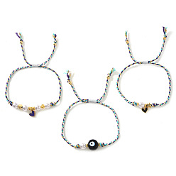 (52) Непрозрачная лаванда 3шт. браслеты ручной работы из латуни с эмалированными подвесками, Браслеты из плетеных бусин и бусин, символизирующих сглаз, для женщин., с пластиковой имитационной жемчужиной, разноцветные, 11.02 дюйм (28 см)