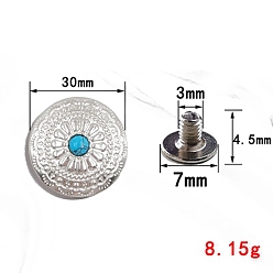 Серебро Легкие декоративные заклепки, с имитацией синтетической бирюзы и железным винтом, цветок, серебряные, 30 мм