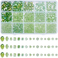Зеленый 630 шт. 15 стили гальванических стеклянных бусин, с покрытием AB цвета, граненые, рондель, куб, биконус, каплевидная форма, зелёные, 4~8 мм