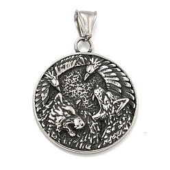 Античное Серебро 316 хирургические подвески из нержавеющей стали, плоский круглый с волчьим шармом, античное серебро, 38x33x4.5 мм, отверстие : 4x9 мм