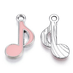 Pink Alloy Pendants, with Enamel, Musical Note, Platinum, Pink, 20x12x2mm, Hole: 1.8mm