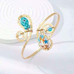 Dark Turquoise Bohemian Ocean Alloy & Resin & Plastic Pearl Fish Spiral Cuff Arm Bangles for Women, Golden, Dark Turquoise, Inner Diameter: 3.31 inch(8.4cm)