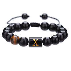 Letter X Регулируемые плетеные браслеты из натурального тигрового глаза и стеклянных бусин для мужчин и женщин, столбец с письмом, чёрные, Письмо X, 6-1/4~10-1/4 дюйм (16~26 см)