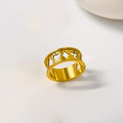 Real 18K Gold Plated 304 Stainless Steel Finger Rings, Hollow Poker Suit Design, Real 18K Gold Plated, US Size 7(17.3mm)