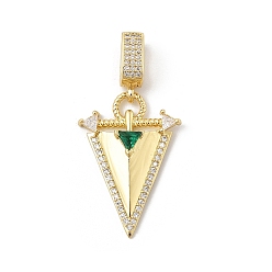 Зеленый Латунь микро проложить кубический цирконий европейские подвесные подвески, без кадмия и без свинца, треугольник прелести, зелёные, 29x20.5x5 мм, отверстие : 8x5 мм