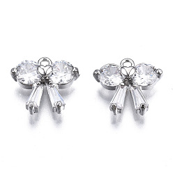 Платина Подвески из прозрачного кубического циркония с инкрустацией из латуни, без кадмия, без никеля и без свинца, бантом, платина, 9.5x10.5x3 мм, отверстие : 1 мм