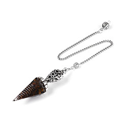 Тигровый глаз Крупные подвески для лозоходства из натурального тигрового глаза и эпоксидной смолы., с железной цепью и крышкой из сплава, шестиугольный конус-шарм, 275~280 мм