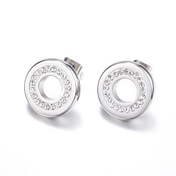 Stainless Steel Color 304 Stainless Steel Stud Earrings, with Polymer Clay Rhinestone, Ring, Stainless Steel Color, 13mm, pin: 0.8mm