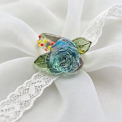 Cadet Blue Handmade Lampwork Finger Rings, Flower, Cadet Blue, US Size 6 1/2(16.9mm)