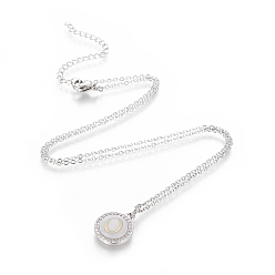 Letter O Brass Initial Pendant Necklaces, with Shell, Cubic Zirconia and 304 Stainless Steel Cable Chains, Flat Round with Letter, Letter.O, 17.5 inch(44.5cm), 1.5mm