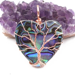 Rose Gold Retro DIY Handmade Peach Heart Natural Abalone Shell Pendants, Copper Wire Wrapped Tree of Life Charms, Rose Gold, 41x31mm
