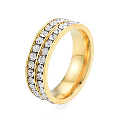 Light Gold Kristall-Strass-Doppellinien-Fingerring, 201 Edelstahlschmuck für Damen, Licht Gold, Innendurchmesser: 17 mm