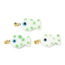 Белый Подвески лэмпворк ручной работы, рыба, с латунным, долговечный, стойки покрытие, золотые, белые, 23~24x13~14x7~8.5 мм, отверстие : 4.5x4 мм