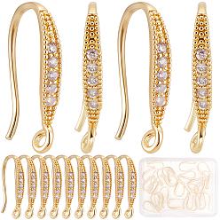 Real 18K Gold Plated 30Pcs Brass Micro Pave Clear Cubic Zirconia Earring Hooks, with Horizontal Loop, Nickel Free, Real 18K Gold Plated, 15x2mm, Hole: 1.2mm, 21 Gauge, Pin: 0.7mm