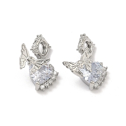 Платина Подвески из латуни с прозрачным фианитом, подвески в виде бабочки с сердечками, без кадмия и без свинца, стойки покрытие, долговечный, платина, 20 мм, отверстие : 3.5 мм