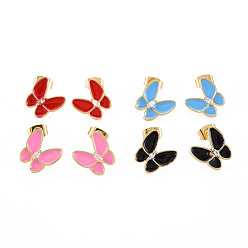 Mixed Color Brass Micro Pave Clear Cubic Zirconia Stud Earrings, with Enamel and Ear Nuts, Cadmium Free & Nickel Free & Lead Free, Butterfly, Real 16K Gold Plated, Mixed Color, 11x11.5mm, Pin: 0.8mm