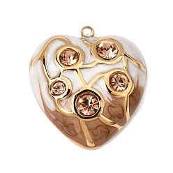 Dark Goldenrod 304 Stainless Steel & Enamel & Rhinestone Pendants, Heart Charms, Ion Plating(IP), Long-Lasting Plated, Real 18K Gold Plated, Juicy Peach, Dark Goldenrod, 22.5x20.5x6.5mm, Hole: 1.5mm