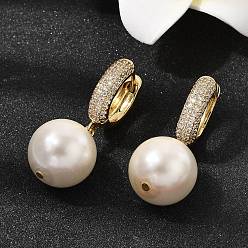 Настоящее золото 18K Круглые серьги-кольца из латуни с микропаве из прозрачных кубических цирконий, с подвесками из стеклянных жемчужин, долговечный, стойки покрытие, без свинца и без кадмия, реальный 18 k позолоченный, 37x15.8 мм