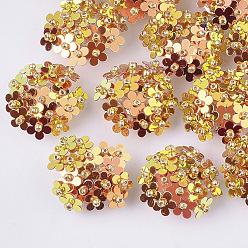 Orange Cabochons paillette pvc, perles de cluster, avec des perles de rocaille en verre et des réglages de disques perforés en laiton plaqué or, fleur, orange, 20~23x10~11mm