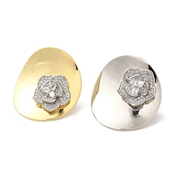 Платиновый & Золотой Серьги-пусеты из латуни с микропаве и прозрачным фианитом, без кадмия и без свинца, долговечный, цветок, платина и настоящее 18 к позолота, 30x27 мм