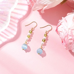 Лазурный Глаза кота болтаться серьги, круглые, со стеклом и ракушечным жемчугом, золотые, лазурный, 43x7.5~8 мм