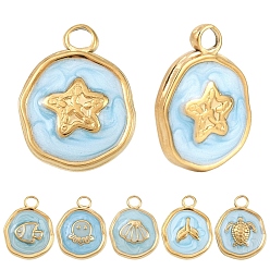 Real 18K Gold Plated 6Pcs 6 Styles 304 Stainless Steel Pendants, with Enamel, Flat Round, Ion Plating(IP), Real 18K Gold Plated, 16.5x12.5~13x2~2.5mm, Hole: 2.5mm, 1pc/style