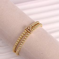 Letter F Браслеты из латуни с микропаве из прозрачных кубических циркониевых бусин, двойные нити, эластичные, для женщин, буква и круг, золотые, Буква F, 6.69 дюйм (17 см)